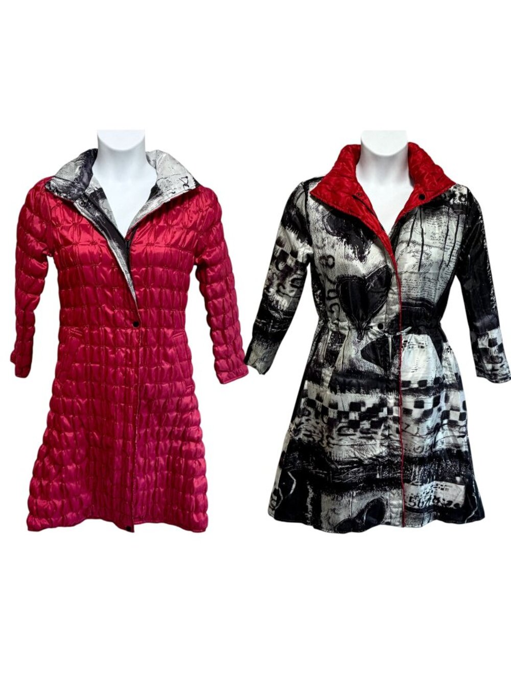 UBU Reversible Quilted Puffer Coat XS Red Black White Art Print Hooded Jacket